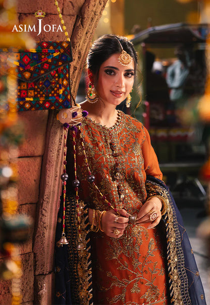 Asim Jofa luxury rust chiffon suit with intricate embroidery and twisted silk trousers