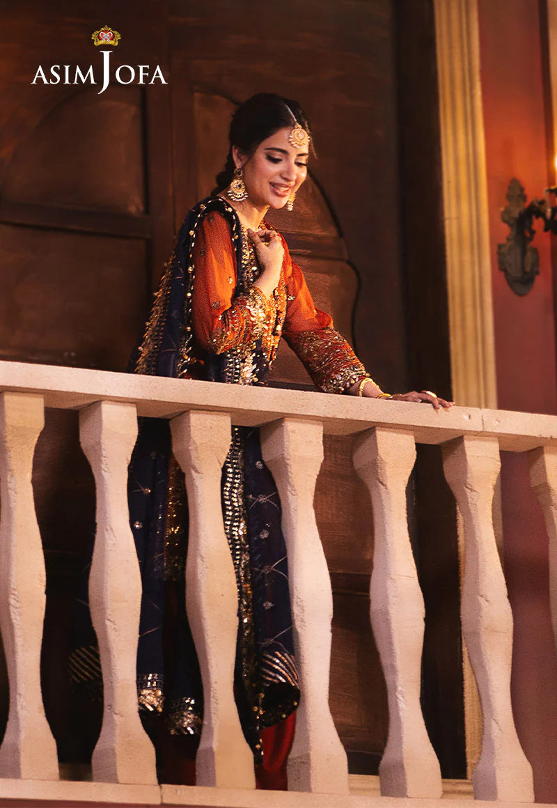 Asim Jofa Rust Embroidered Chiffon 3-Piece Suit | Luxury Pakistani Fashion at Mahaba Studio USA