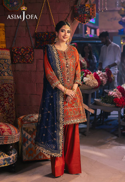 Asim Jofa Rust Embroidered Chiffon 3-Piece Suit | Luxury Pakistani Fashion