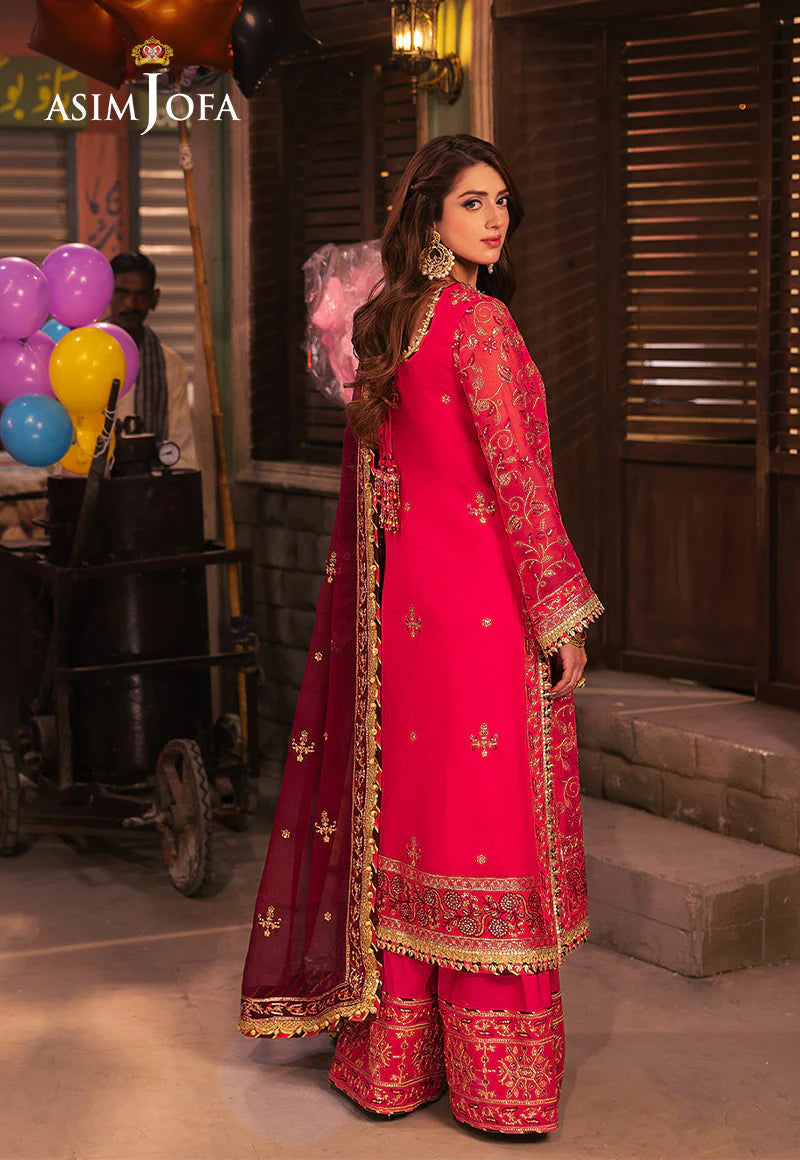 Asim Jofa hot pink embroidered chiffon 3-piece suit with gold and magenta accents – Mahaba Studio USA