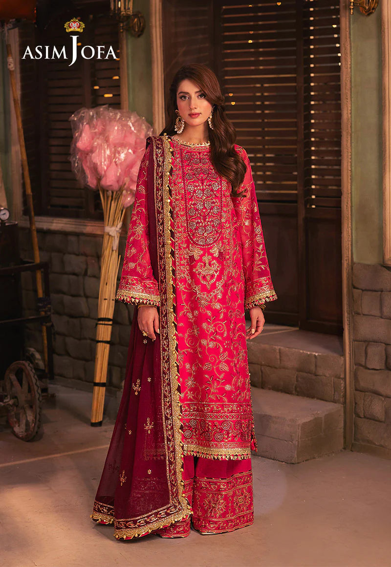 Elegant Asim Jofa embroidered hot pink chiffon shirt with zari work and magenta thread