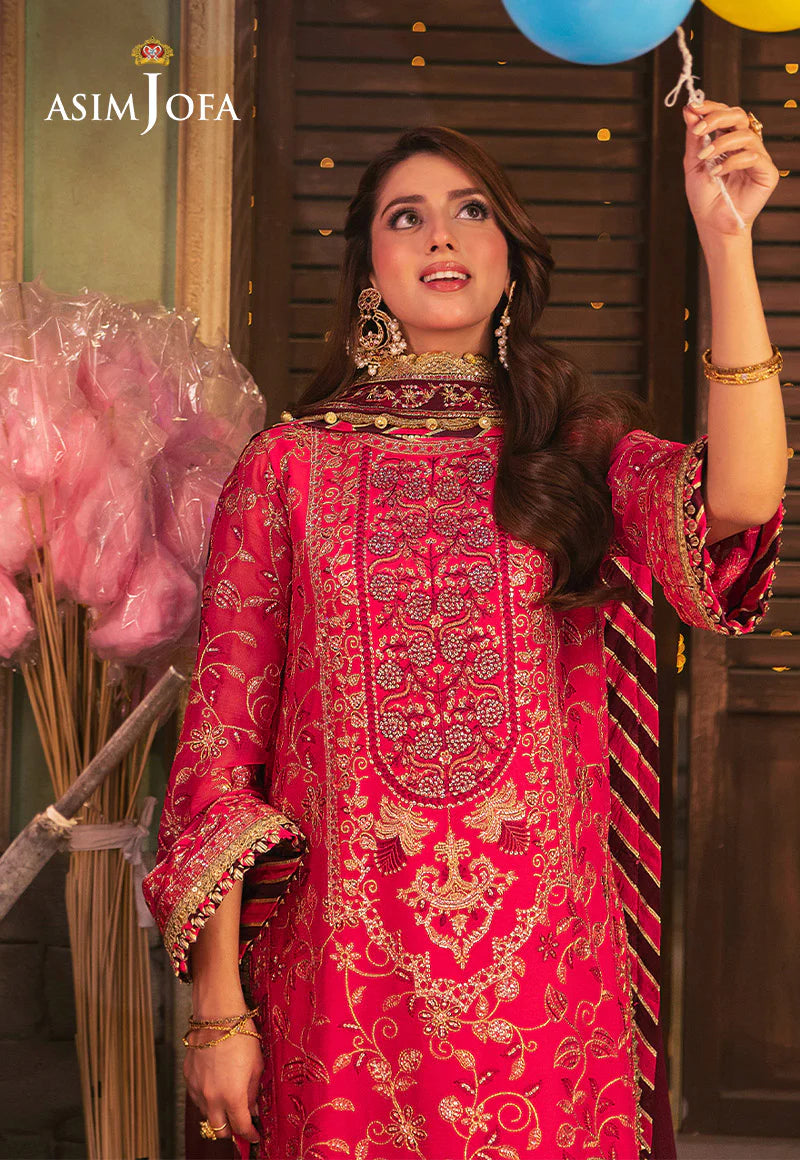 Stunning Asim Jofa 3-piece chiffon outfit in hot pink with gold and magenta embroidery