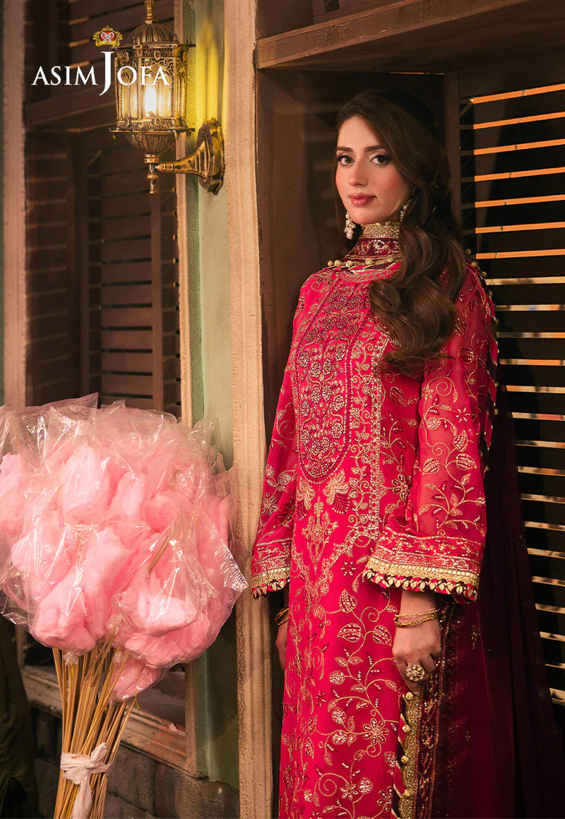 Asim Jofa embroidered chiffon shirt with gold zari and magenta details – Pakistani fashion USA