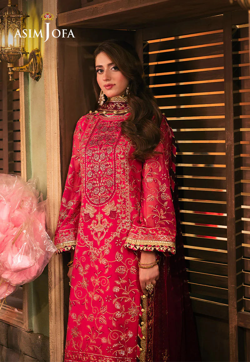 Asim Jofa luxury hot pink chiffon suit with intricate embroidery and twisted silk trousers