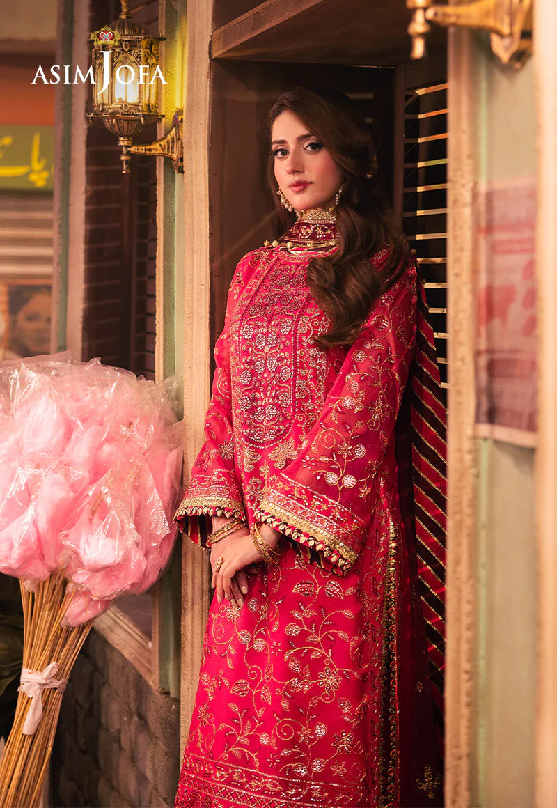 Asim Jofa hot pink embroidered chiffon 3-piece suit with gold and magenta accents