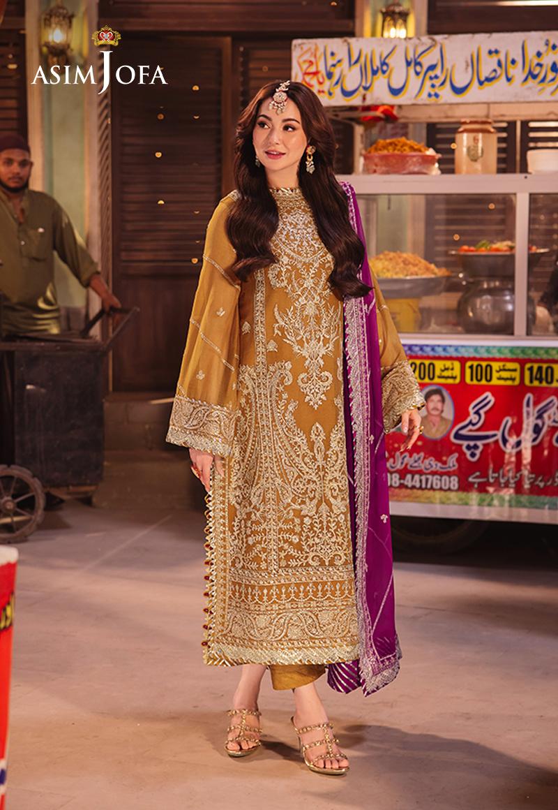 Asim Jofa luxury gold chiffon suit with twisted silk trousers – Mahaba Studio