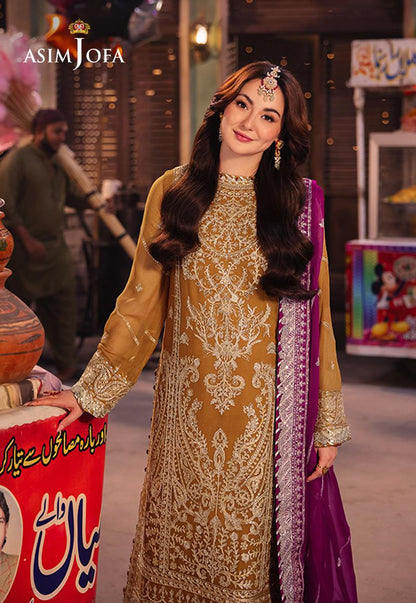 Asim Jofa Gold Embroidered Chiffon Suit Hania Amir