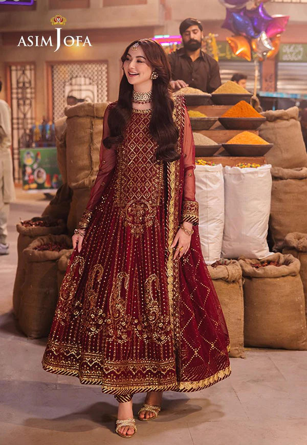 Elegant red net shirt with antique gold zari and paisley motifs by Asim Jofa