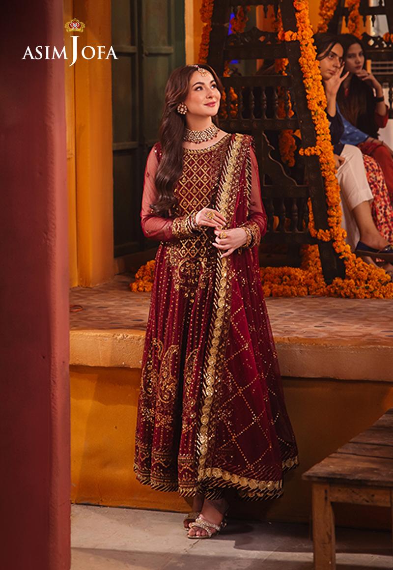 Asim Jofa Red Embroidered Net Suit | Luxury Pakistani Attire at Mahaba USA Detailed view