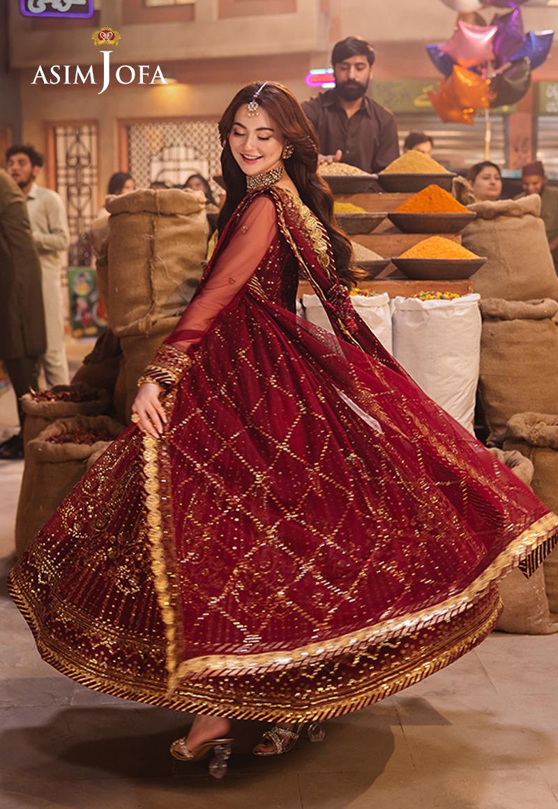 Asim Jofa red embroidered suit with intricate kalis and ghera border – Pakistani fashion USA