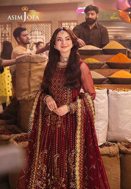 Asim Jofa Red Embroidered Net Suit | Luxury Pakistani Attire at Mahaba USA