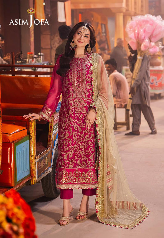 Asim Jofa pink embroidered net 3-piece suit with gold detailing – Mahaba Studio USA