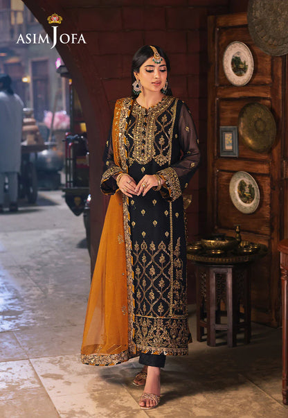 Elegant black chiffon shirt with antique gold sequins and dori work by Asim Jofa