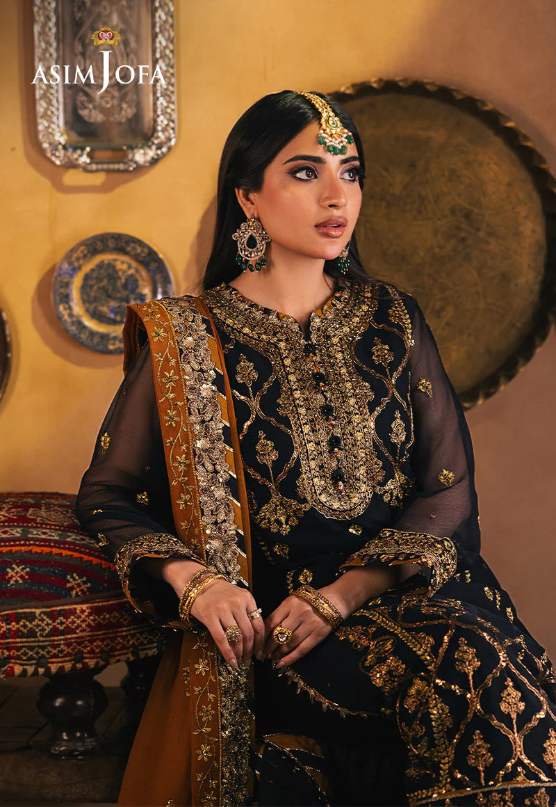 Asim Jofa black embroidered suit with antique gold highlights – Pakistani fashion USA