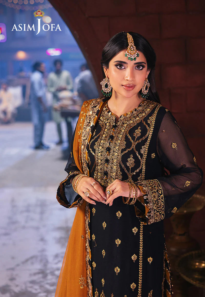 Asim Jofa luxury black chiffon ensemble with celestial gold detailing – Mahaba Studio USA