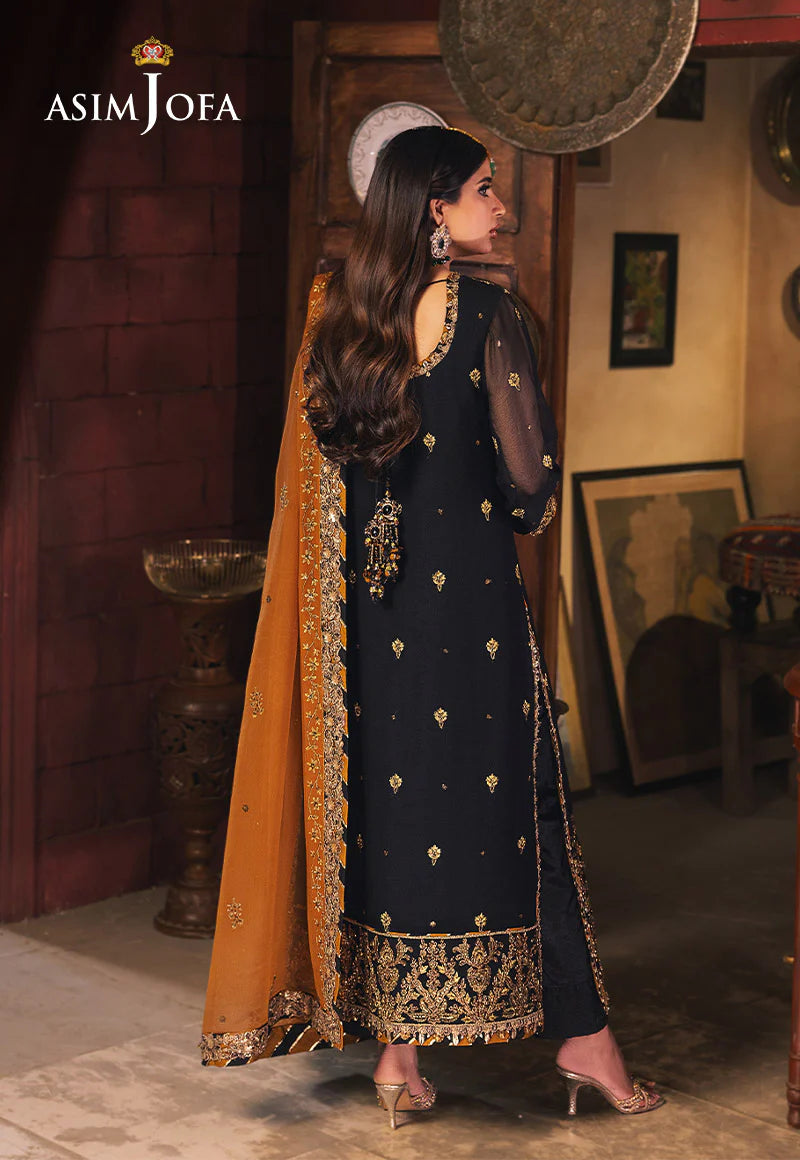 Stunning black 3-piece chiffon outfit with gold accents and lawn silk trousers