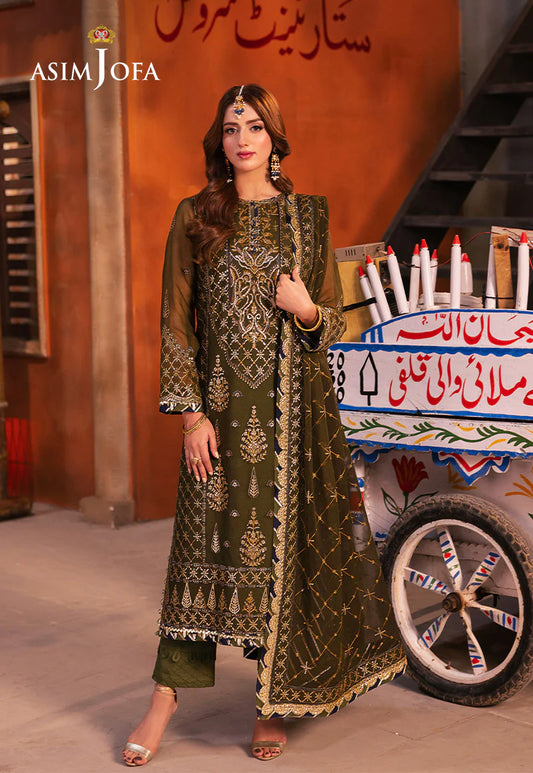 Asim Jofa green embroidered chiffon 3-piece suit with antique gold and navy accents – Mahaba Studio USA