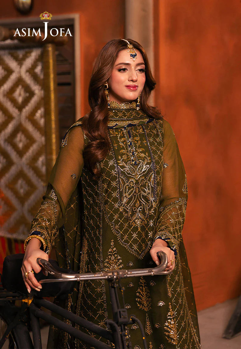 Elegant green chiffon shirt with antique gold zari and navy embroidery by Asim Jofa