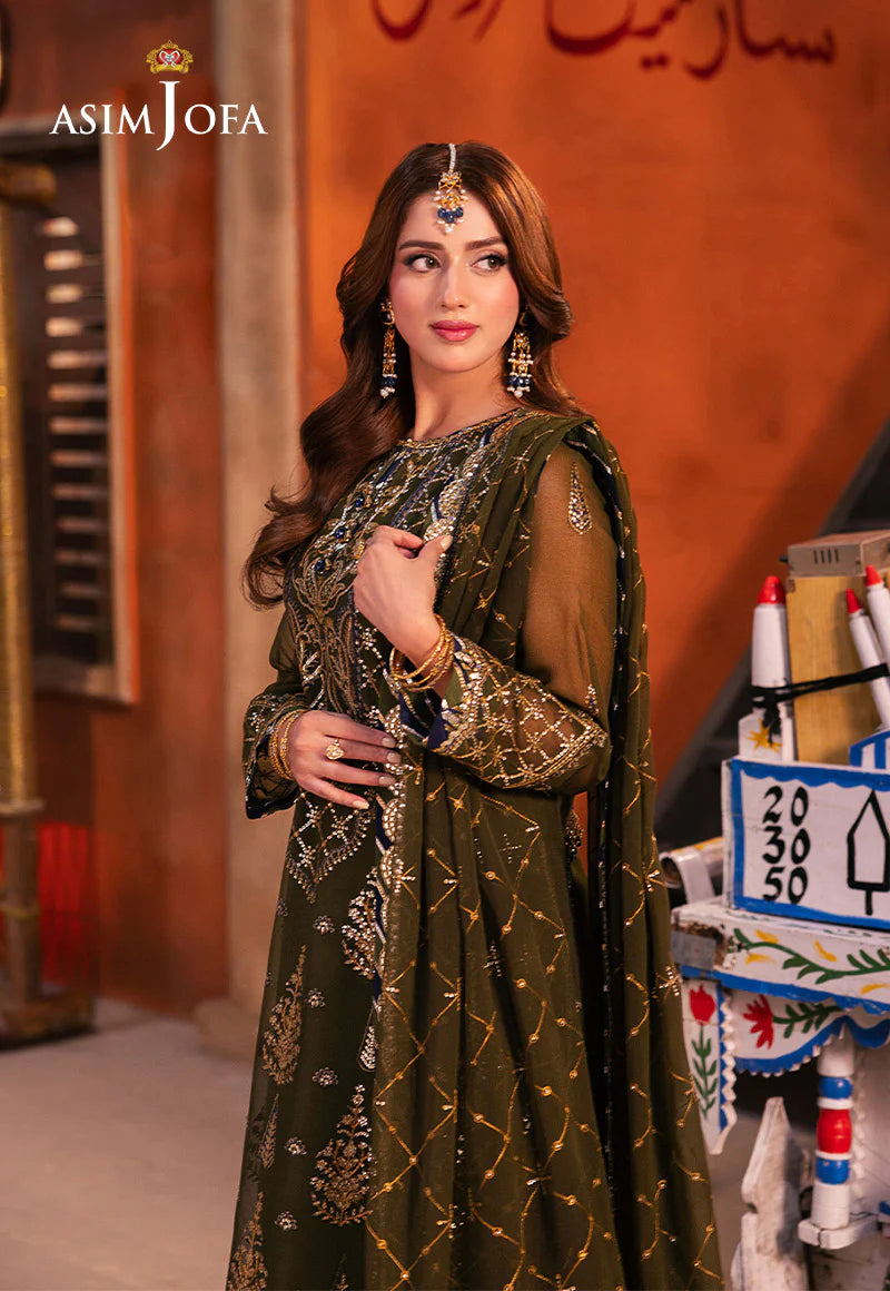 Stunning green 3-piece embroidered outfit with gold and navy details – Pakistani fashion USA