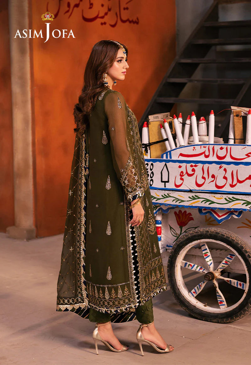 Asim Jofa luxury green chiffon ensemble with delicate sequins and nature-inspired design