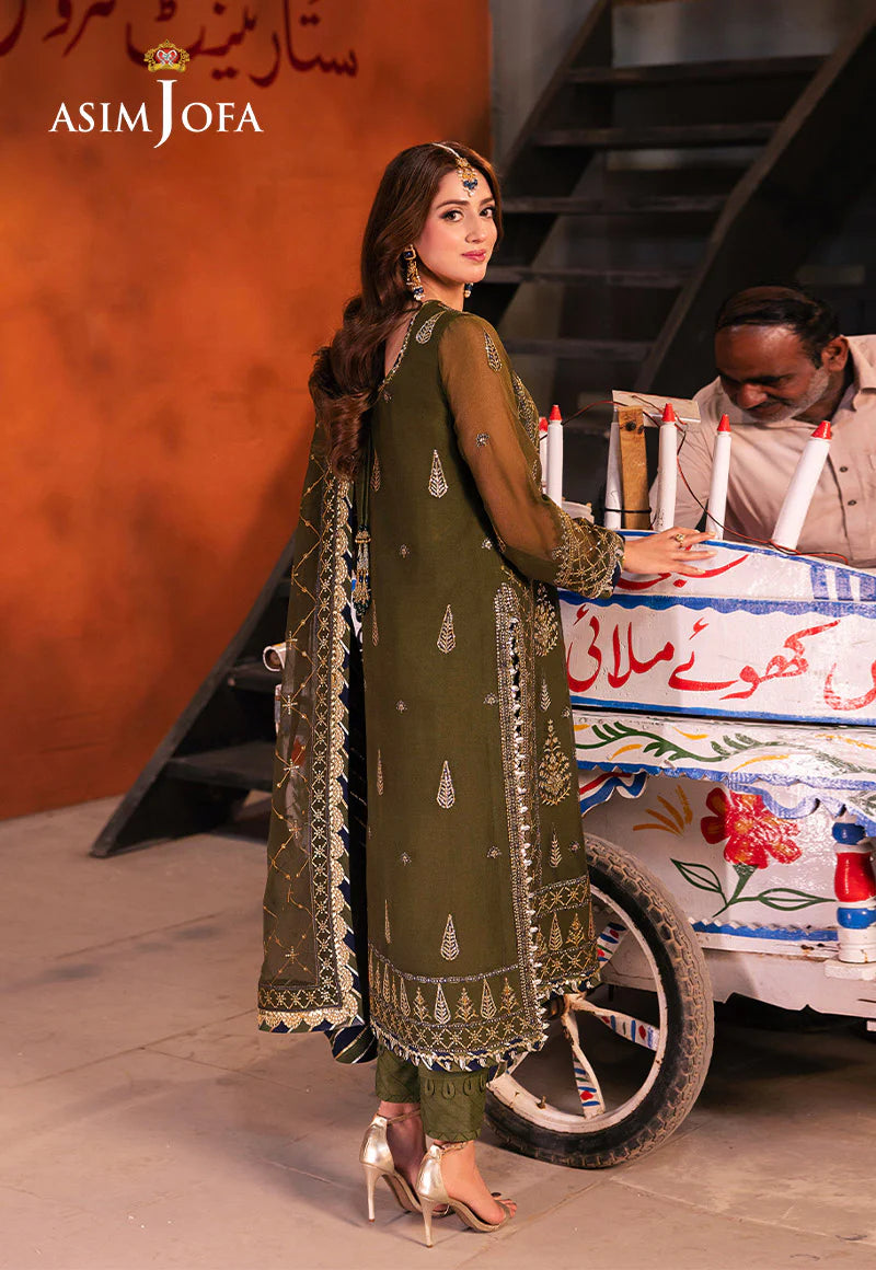 Asim Jofa green chiffon suit with embroidered borders and lawn silk trousers – Mahaba Studio USA