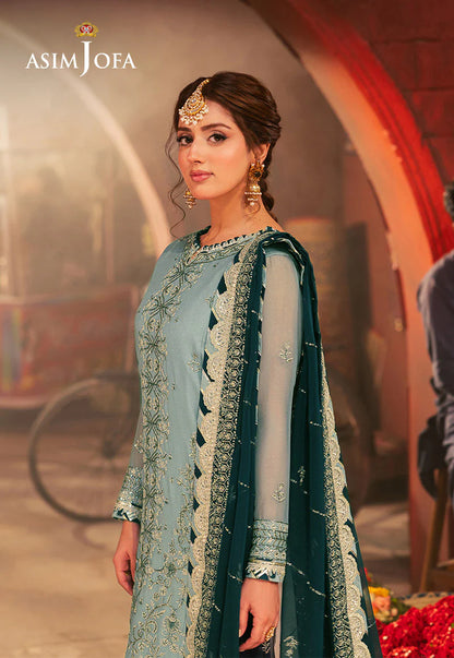 Asim Jofa green embroidered chiffon 3-piece suit with gold and teal accents – Mahaba Studio USA