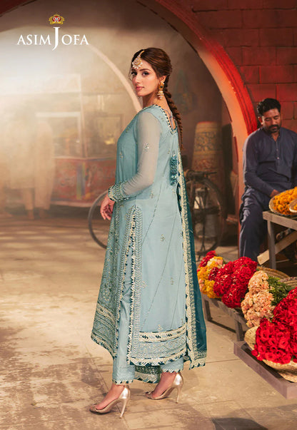 Elegant green chiffon shirt with gold zari and teal embroidery by Asim Jofa