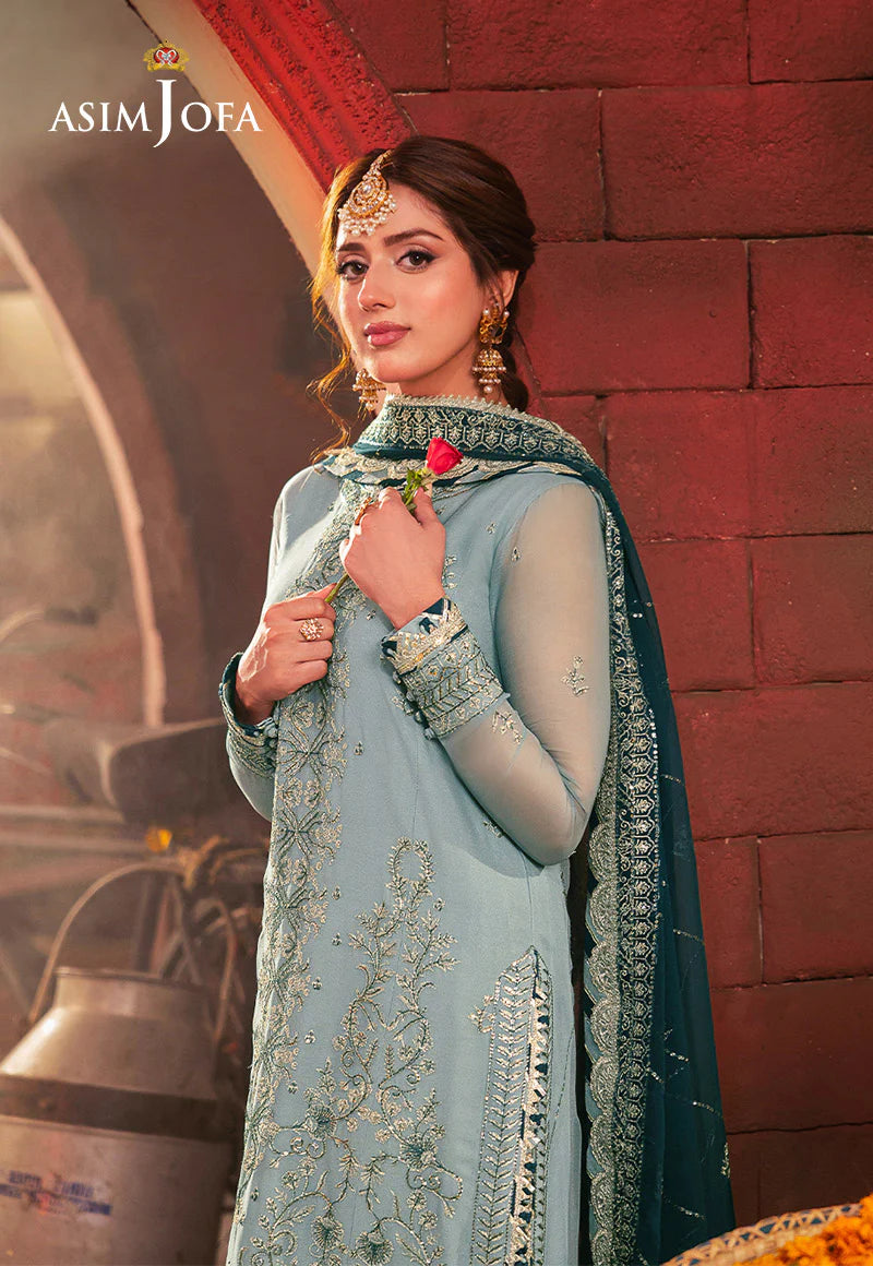 Asim Jofa green chiffon suit with intricate embroidery and lawn silk trousers – Mahaba Studio USA