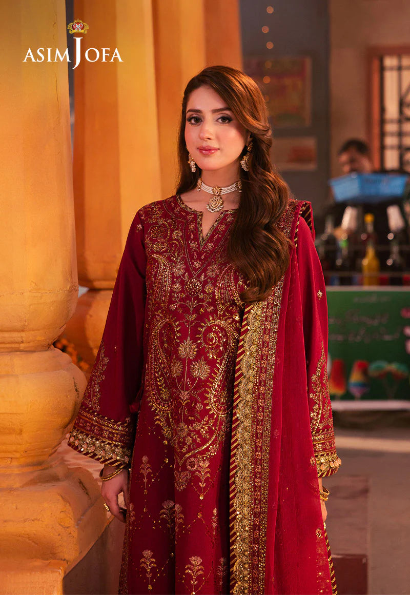 Asim Jofa pink embroidered twisted silk 3-piece suit with antique gold zari and sequins