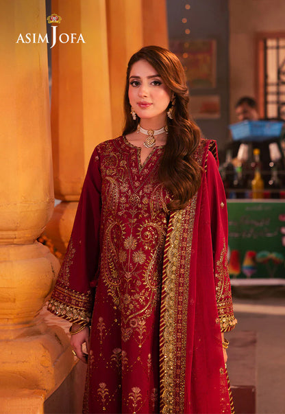 Asim Jofa pink embroidered twisted silk 3-piece suit with antique gold zari and sequins