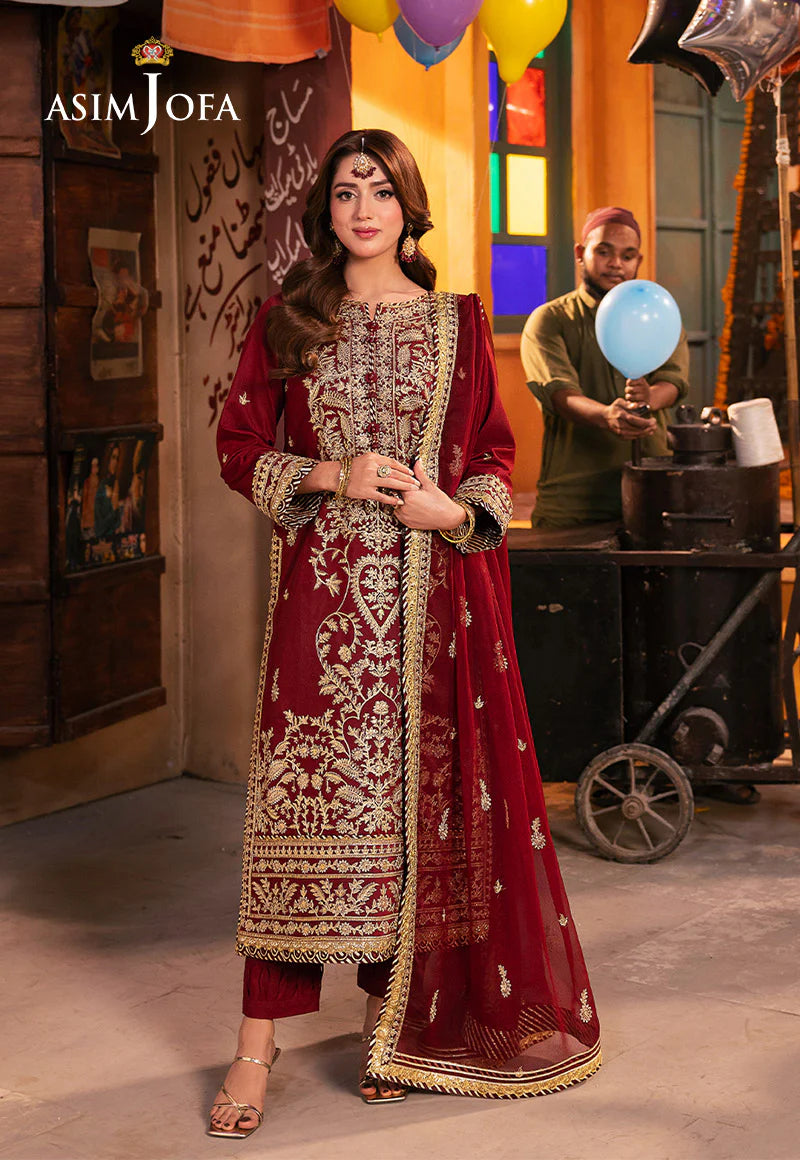 Asim Jofa rust embroidered twisted silk 3-piece suit with gold zari and sequins