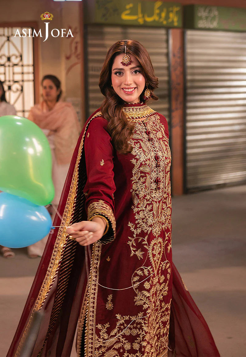 Asim Jofa rust embroidered twisted silk 3-piece suit Model