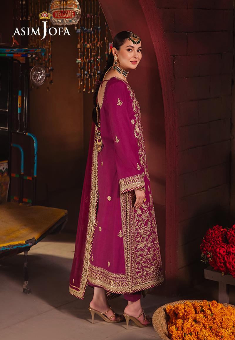 Asim Jofa purple twisted silk 3-piece suit with gold zari and sequin accents