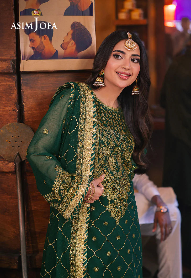 Asim Jofa green twisted silk 3-piece suit with antique gold zari and sequins