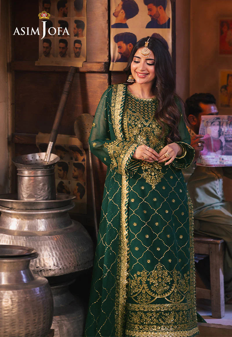 Asim Jofa green embroidered 3-piece suit with nature-inspired design – Mahaba Studio USA