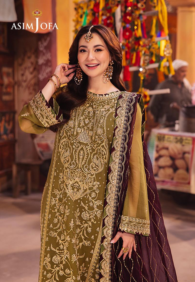 Asim Jofa Green Embroidered Chiffon 3-Piece Suit | Mahaba Studio USA