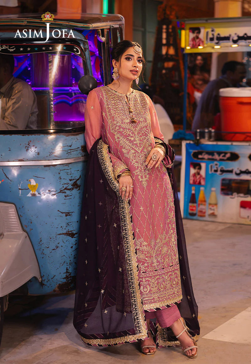 Asim Jofa pink and purple embroidered chiffon suit for special events