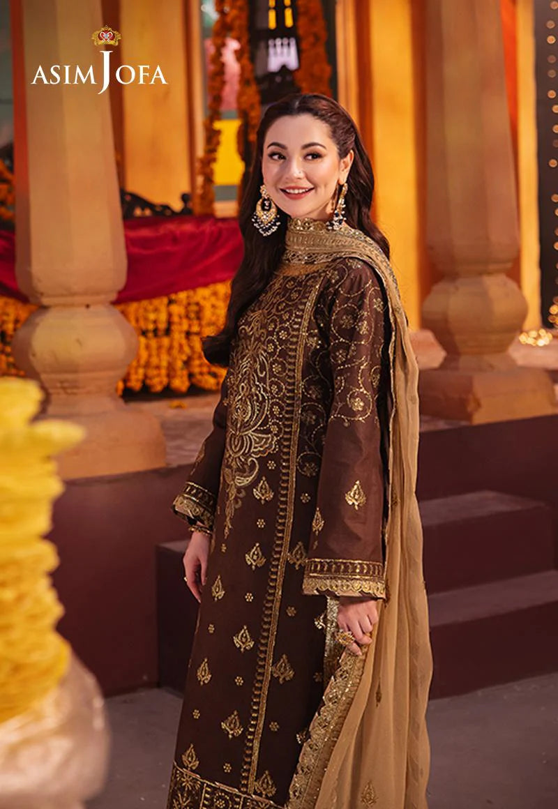 Asim Jofa cinnamon twisted silk 3-piece suit with antique gold zari - Hania Amir