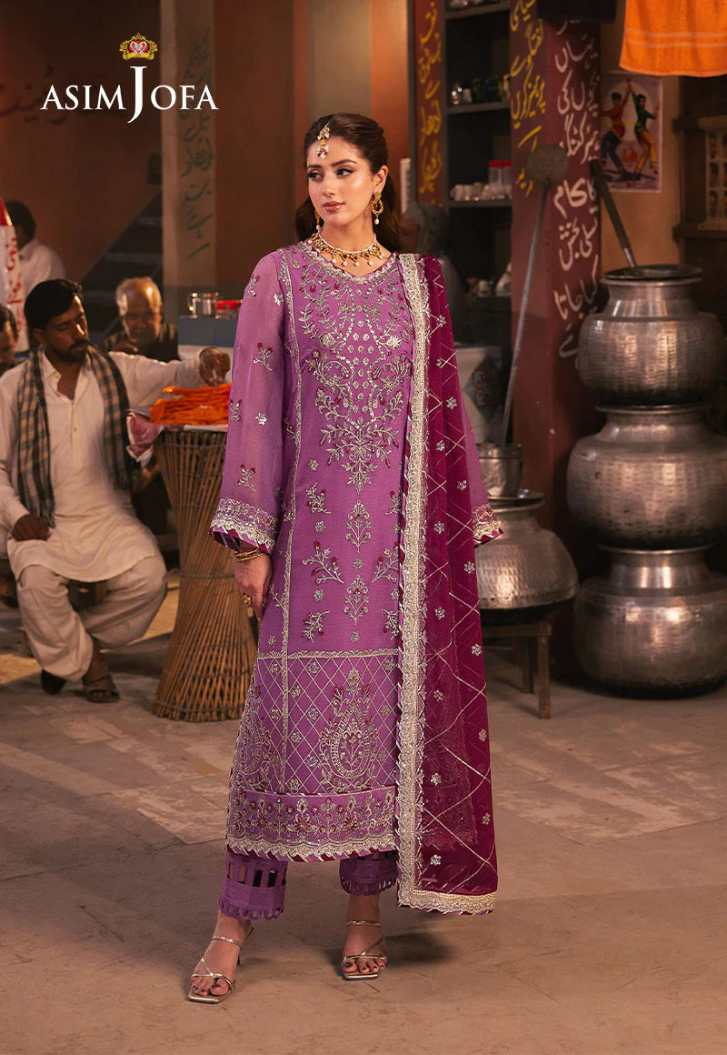 Asim Jofa purple chiffon suit with rose gold zari embroidery