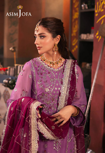 Asim Jofa amethyst chiffon ensemble with twisted silk trousers