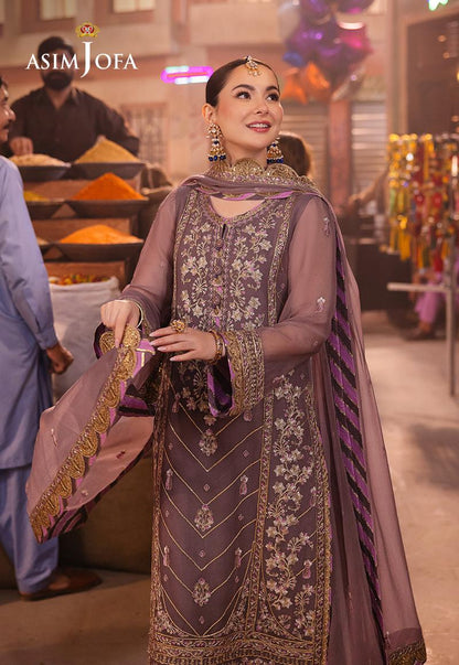 Asim Jofa pink chiffon suit with lilac and gold embroidery