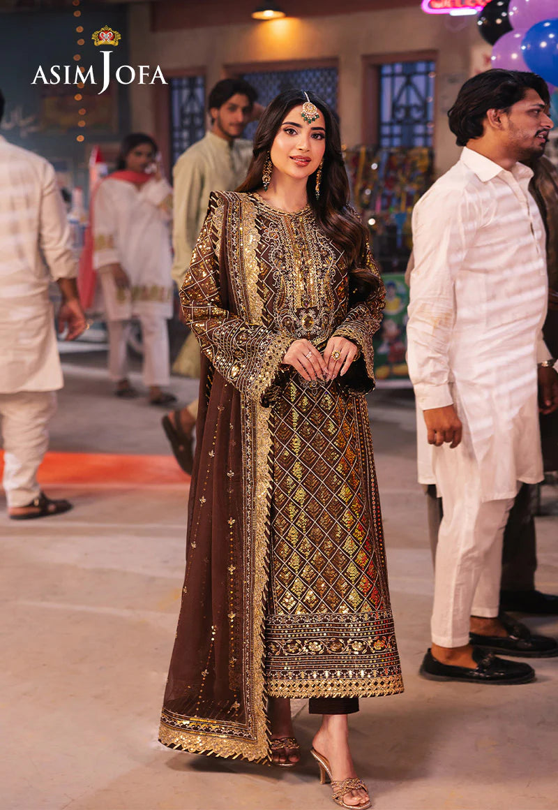 Asim Jofa Brown Embroidered Chiffon 3-Piece Suit