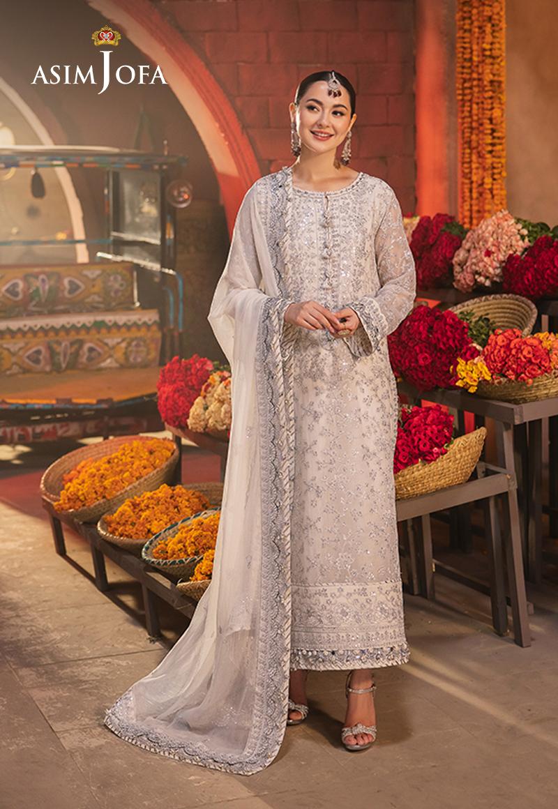 Asim Jofa white embroidered chiffon 3-piece set with silver zari and sequins, including chiffon dupatta and twisted silk trouser - Mahaba Studio USA