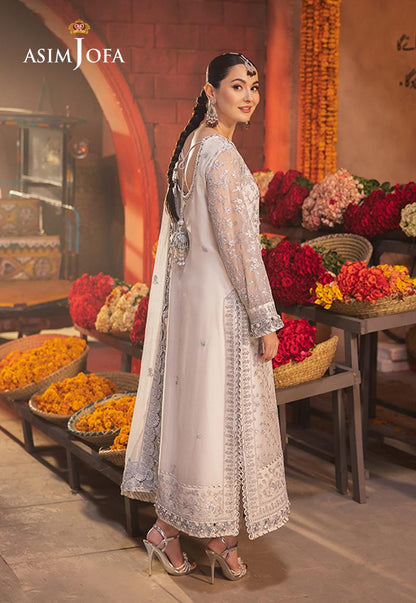 back view of Asim Jofa White Embroidered Chiffon 3-Piece Suit