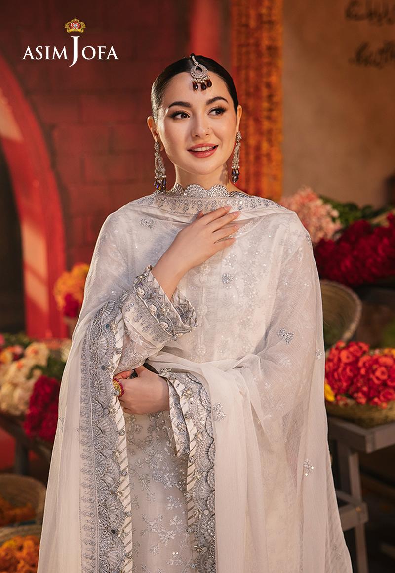 front view of Asim Jofa White Embroidered Chiffon 3-Piece Suit