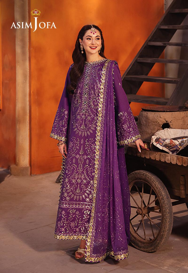 Asim Jofa purple embroidered twisted silk 3-piece suit with chiffon dupatta and gold sequins detailing - Mahaba Studio USA