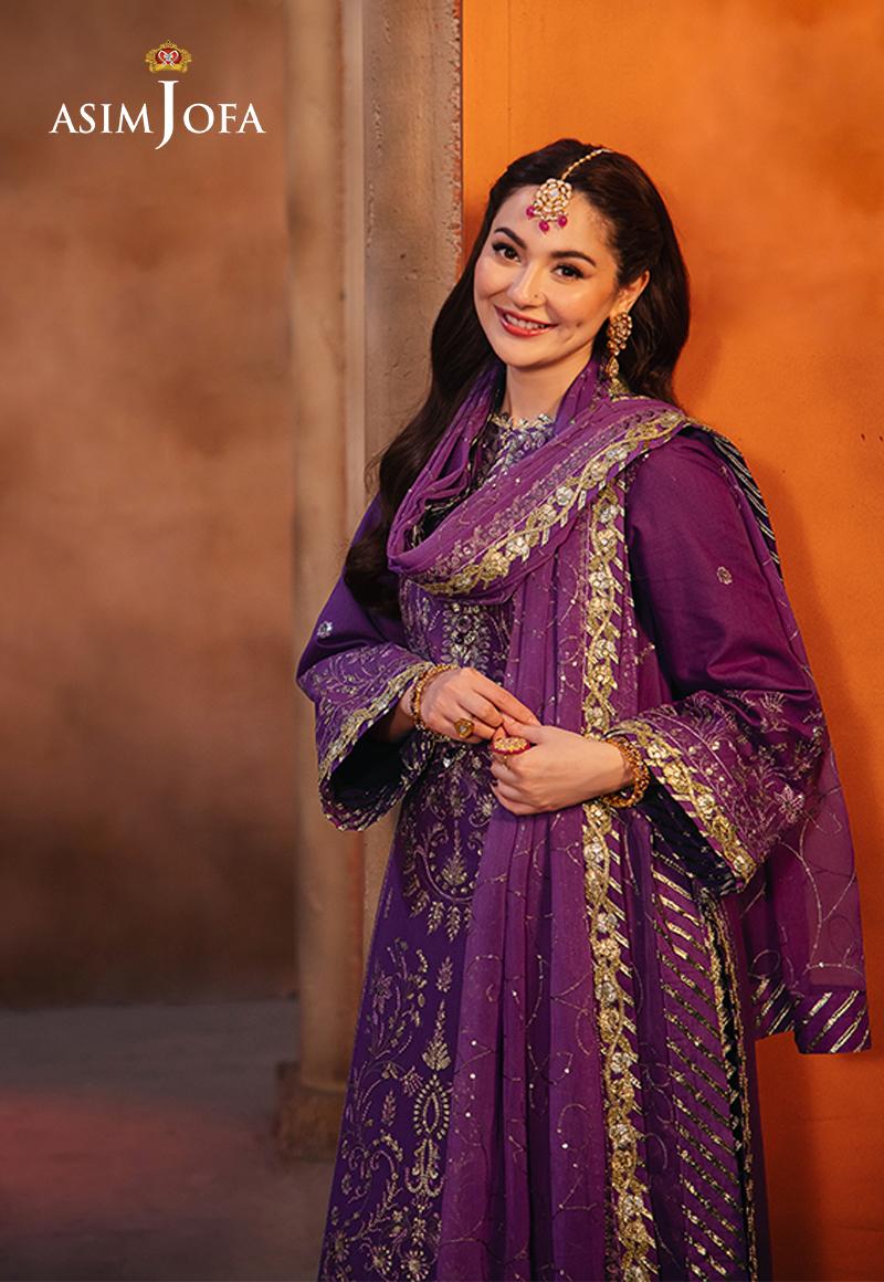 Asim Jofa purple embroidered twisted silk 3-piece suit - Hania Amir Full View