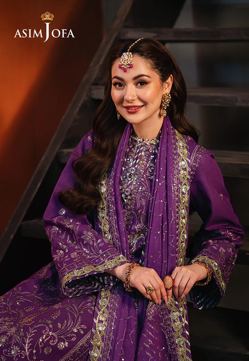 Closeup view Asim Jofa Purple Embroidered Twisted Silk 3-Piece Suit | Mahaba Studio USA