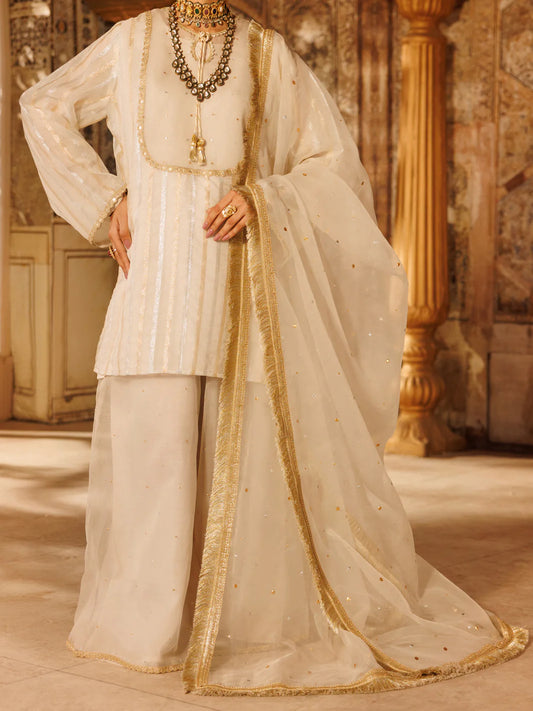 AL-3PS-LS-530 – Off White Lurex Organza Formal 3Pc