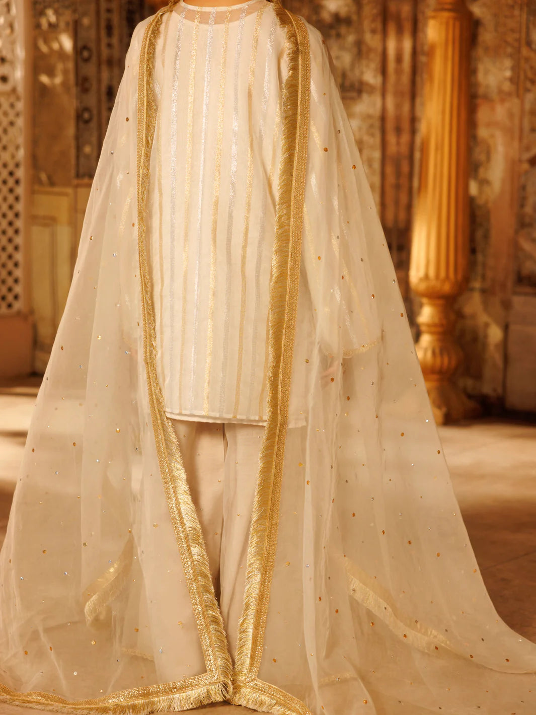 AL-3PS-LS-530 – Off White Lurex Organza Formal 3Pc